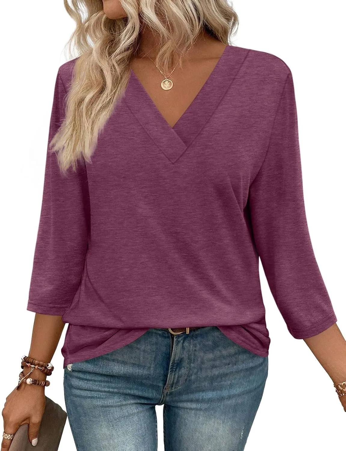 Women's V Neck 3/4 Long Sleeve Loose Fit Tops