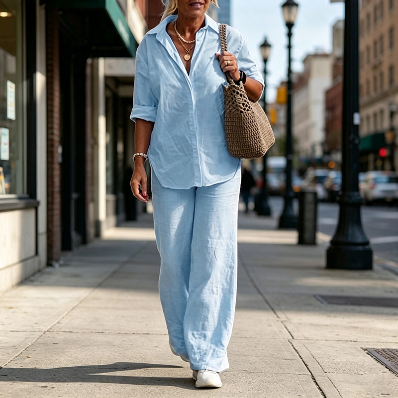 Women's Solid-Color Lapel Long-Sleeve Shirt and Wide-Leg Pants Two-Piece Set