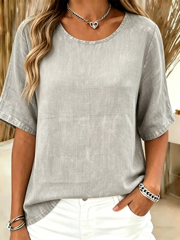 Cotton-Blend Crew Neck Vintage Plain T-Shirt