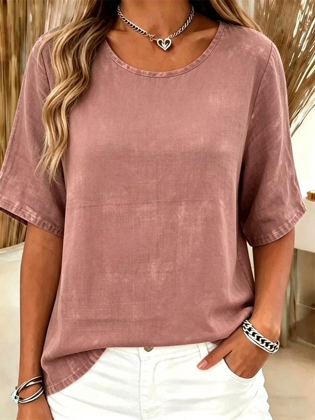 Cotton-Blend Crew Neck Vintage Plain T-Shirt
