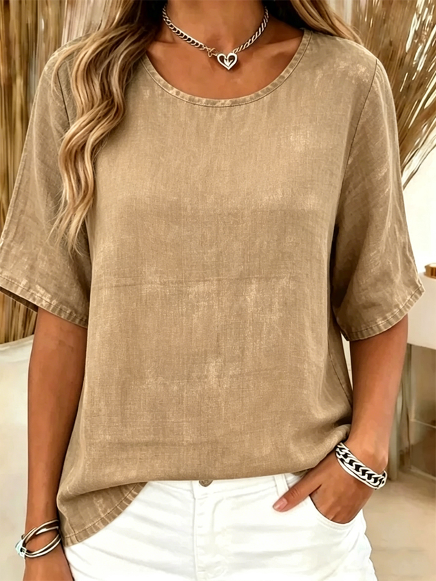 Cotton-Blend Crew Neck Vintage Plain T-Shirt