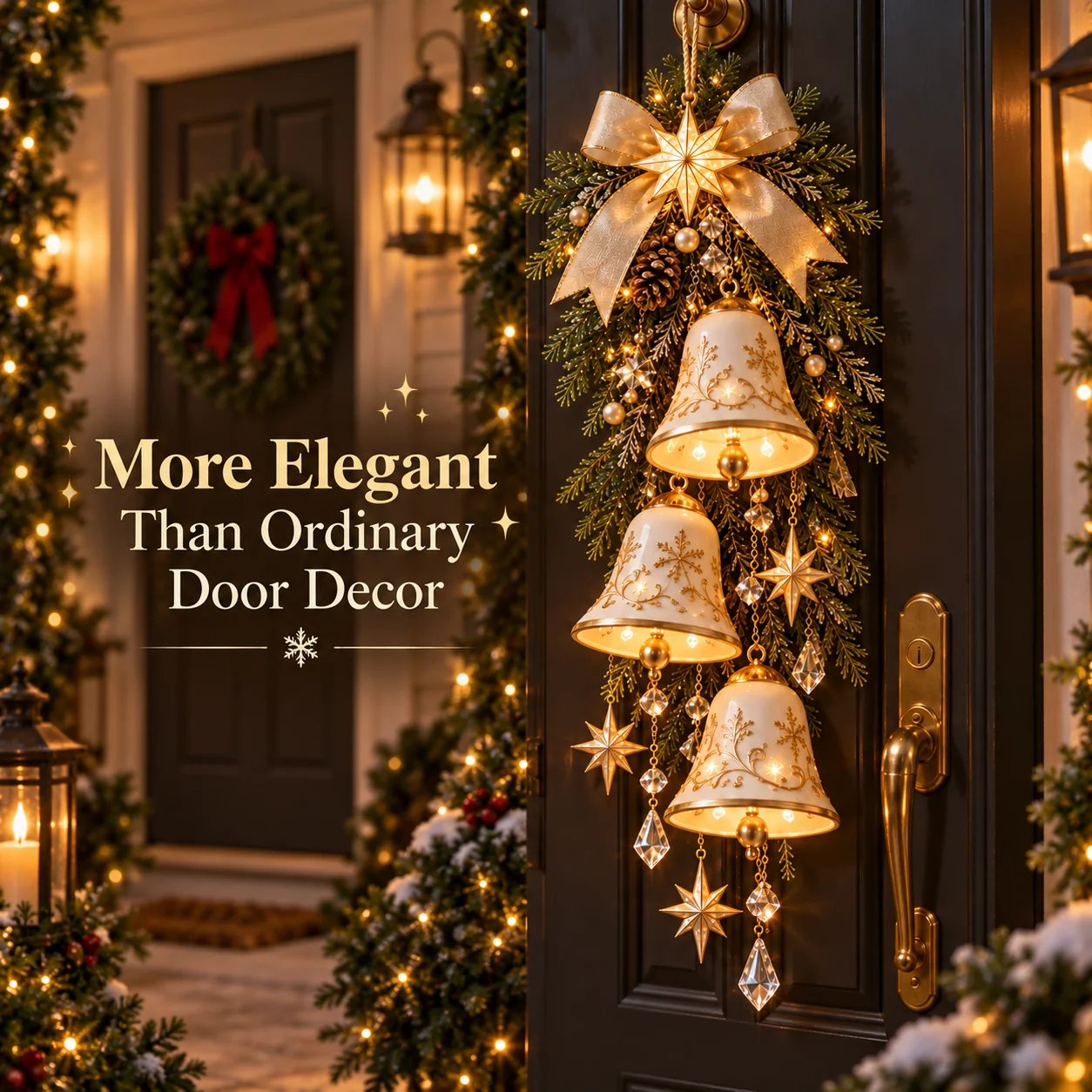 Elegant illuminated bell door decoration compared with ordinary Christmas decor