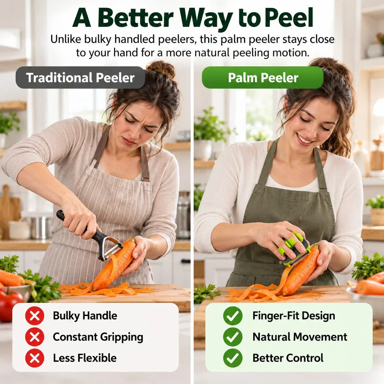 Comparison featuring women using a traditional handled peeler and a finger-fit palm peeler