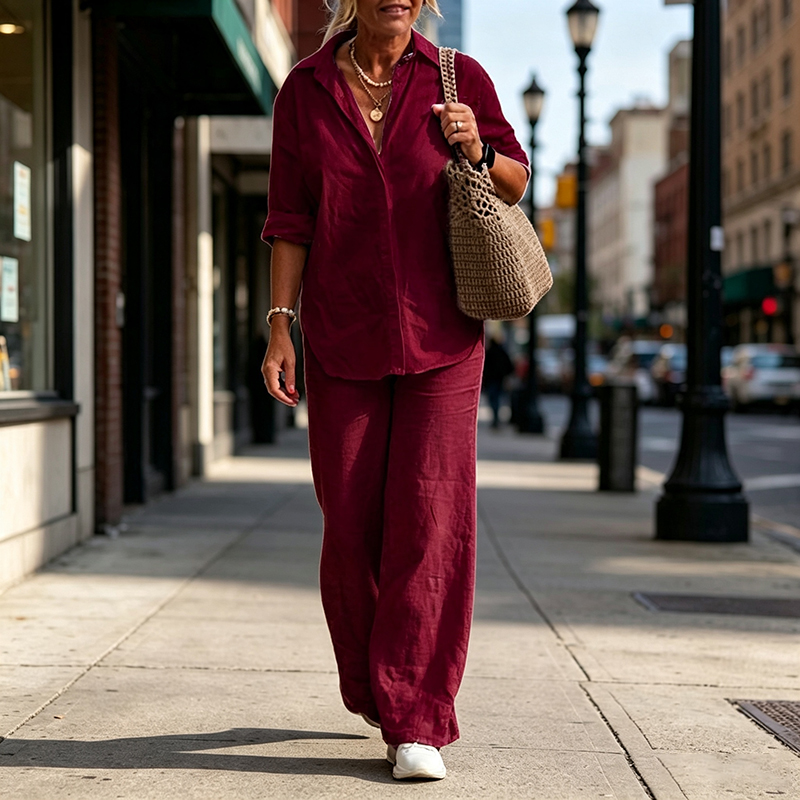 Women's Solid-Color Lapel Long-Sleeve Shirt and Wide-Leg Pants Two-Piece Set