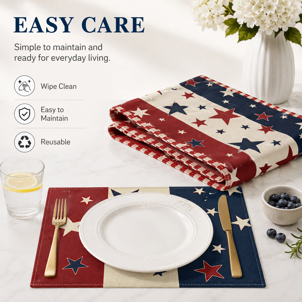 Patriotic Tablecloths And Placemats In Red, White And Blue With a July 4th Theme