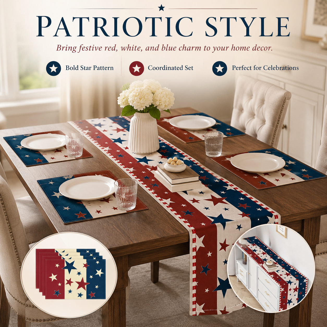 Patriotic Tablecloths And Placemats In Red, White And Blue With a July 4th Theme