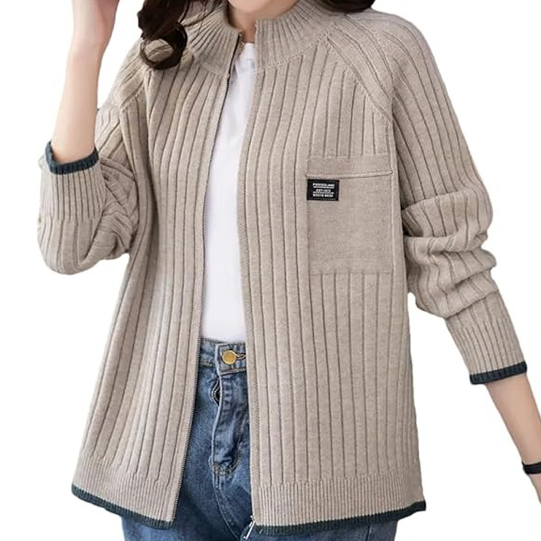 Women'S Autumn And Winter Long-Sleeved Zipper Knitted Cardigan