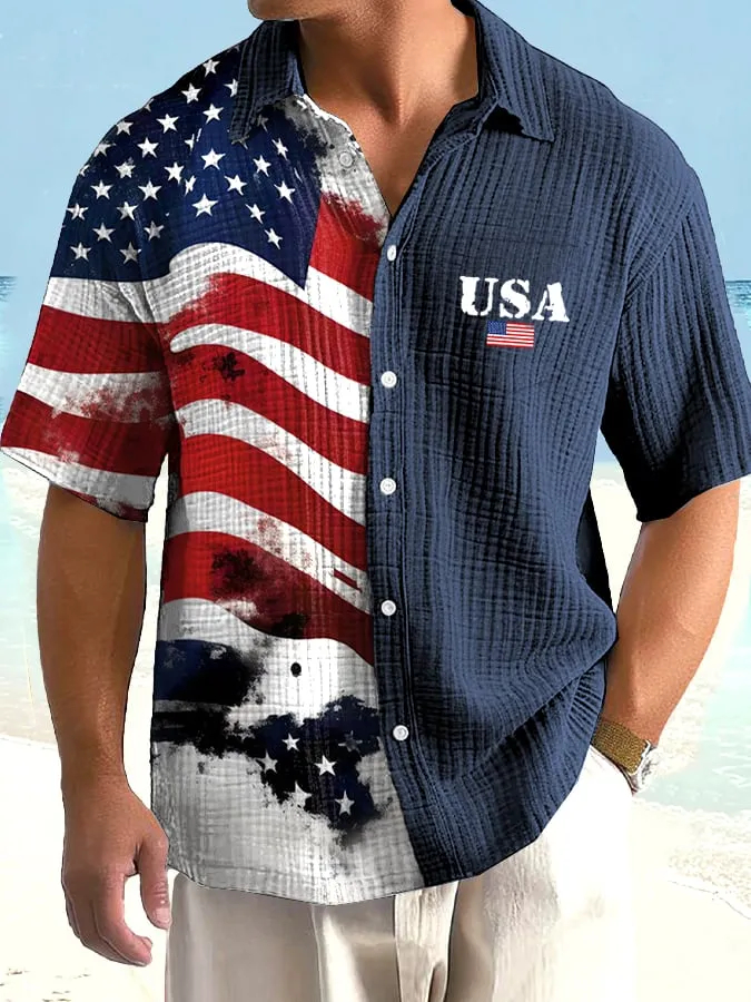 Men's Vintage Independence Day Flag Print Casual Shirt (With Pockets)