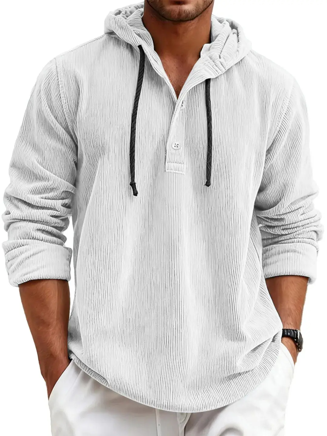 Men's striped cotton sweatshirt with hood and button-down design