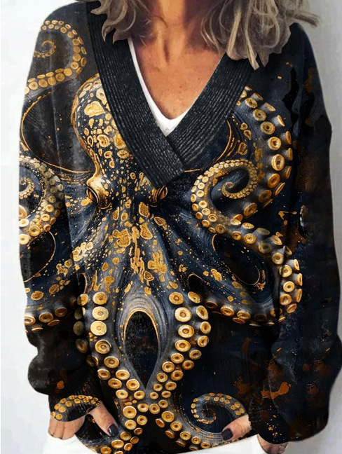 Women’s Vintage Abstract Print Wool Sweater – Artistic Cozy Knit Top