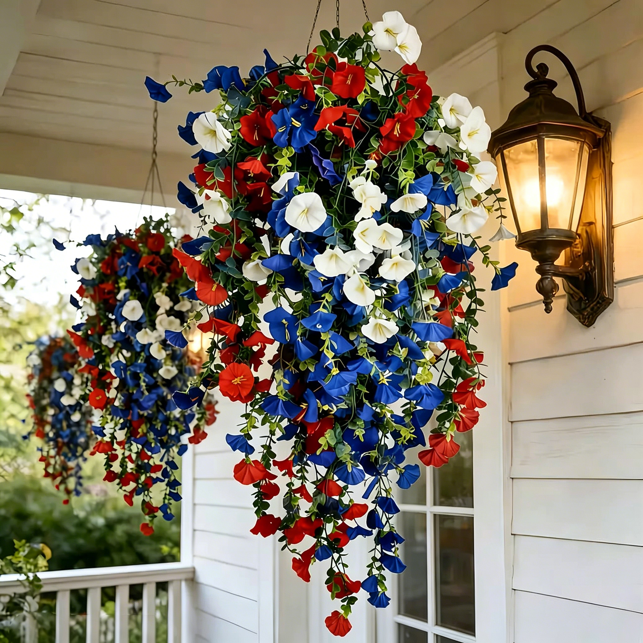Patriotic Red White Blue Artificial Flower Swag with LED Lights