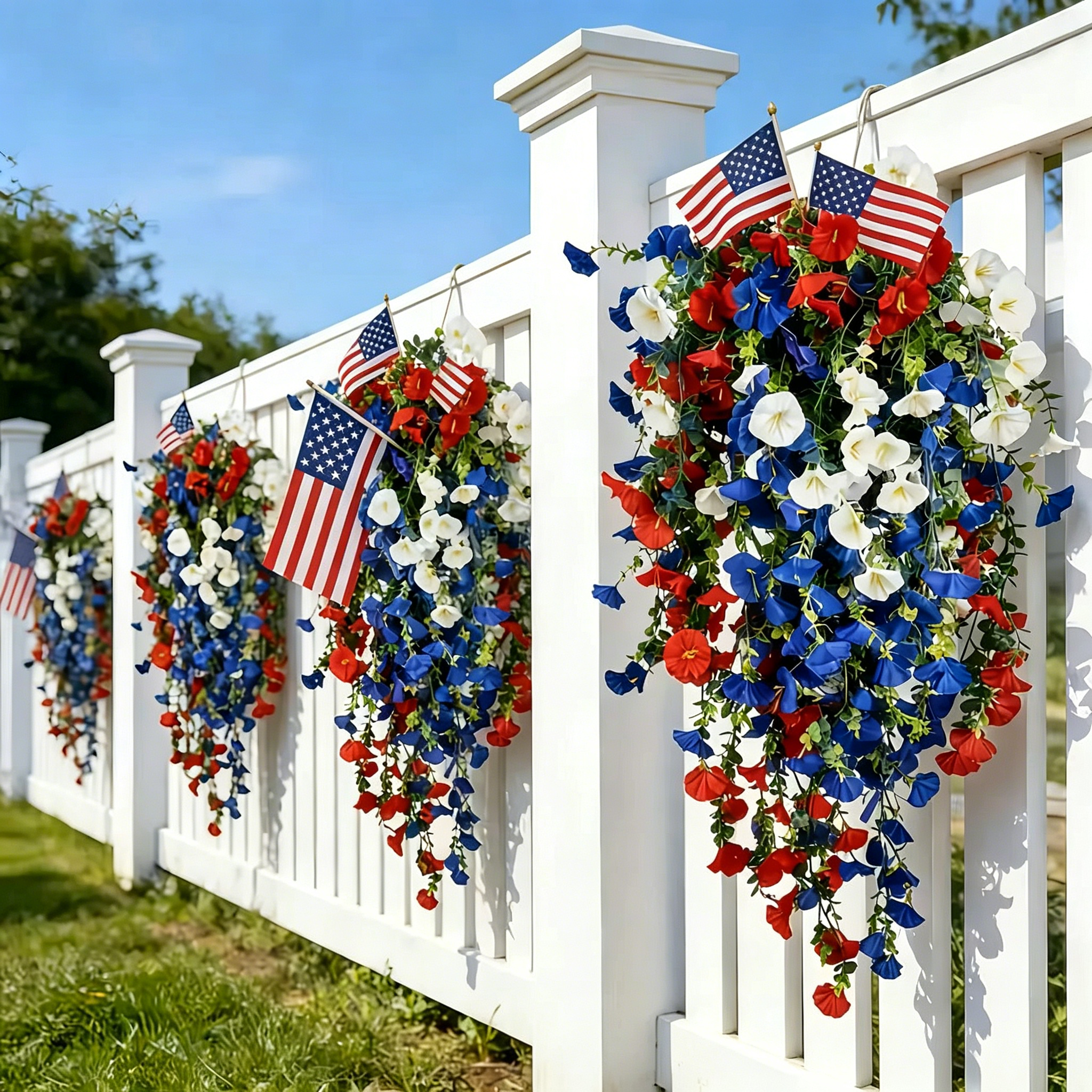Patriotic Red White Blue Artificial Flower Swag with LED Lights