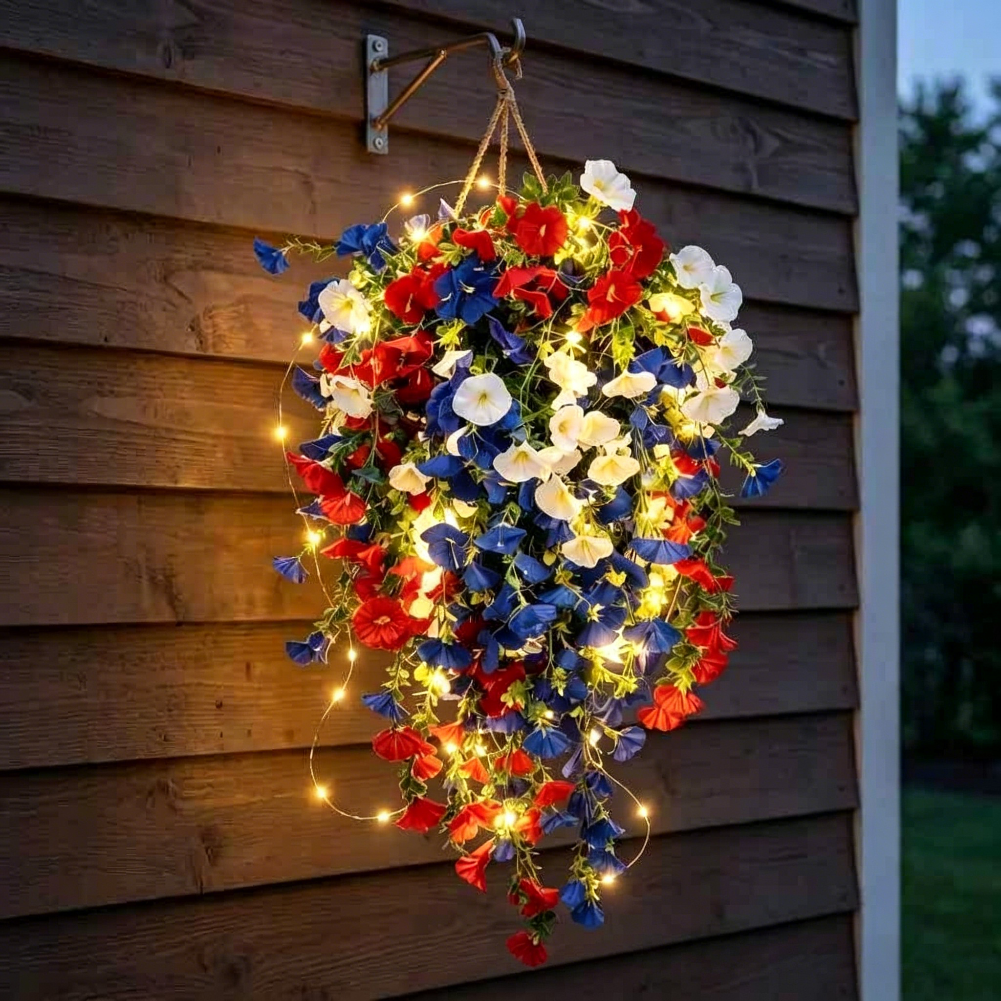 Patriotic Red White Blue Artificial Flower Swag with LED Lights