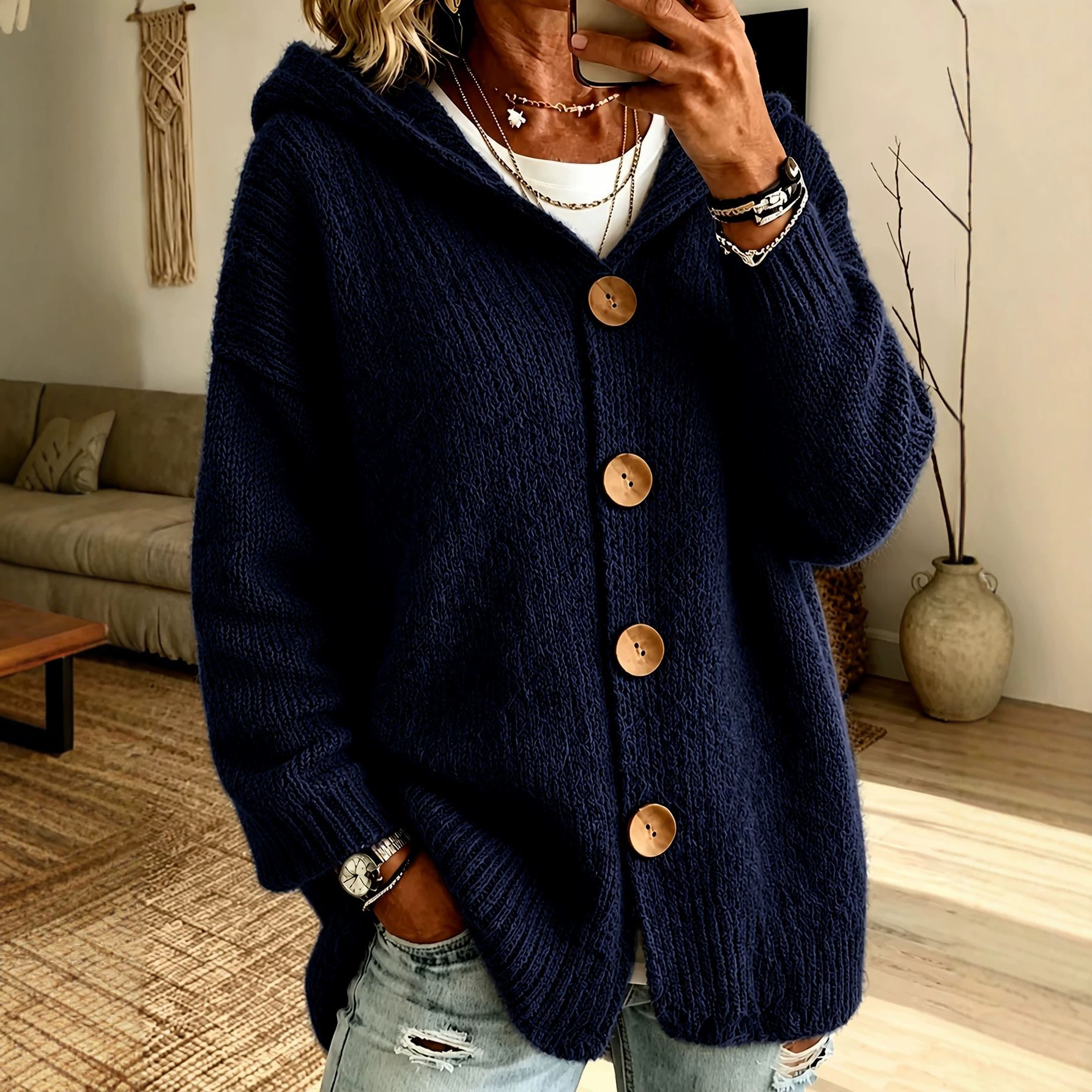 Women's Chunky Knit Hooded Cardigan Sweater – Cozy Oversized Button Front Open Cardigan