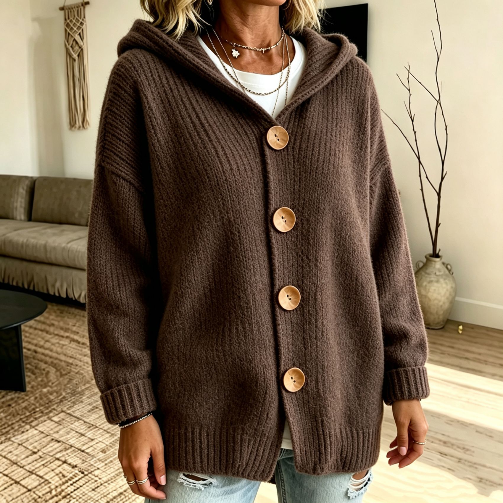 Women's Chunky Knit Hooded Cardigan Sweater – Cozy Oversized Button Front Open Cardigan