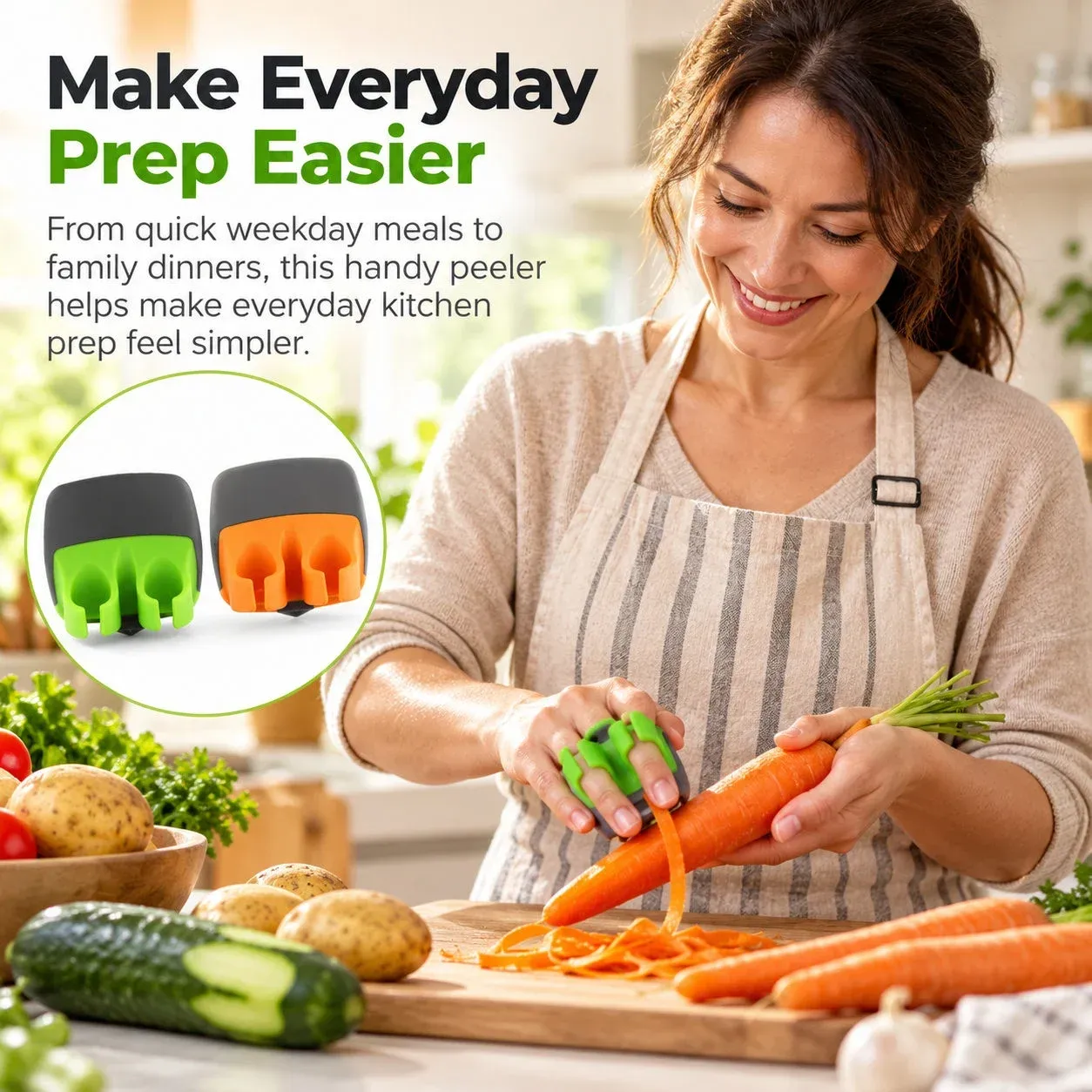 Woman peeling carrots for dinner in a warm kitchen