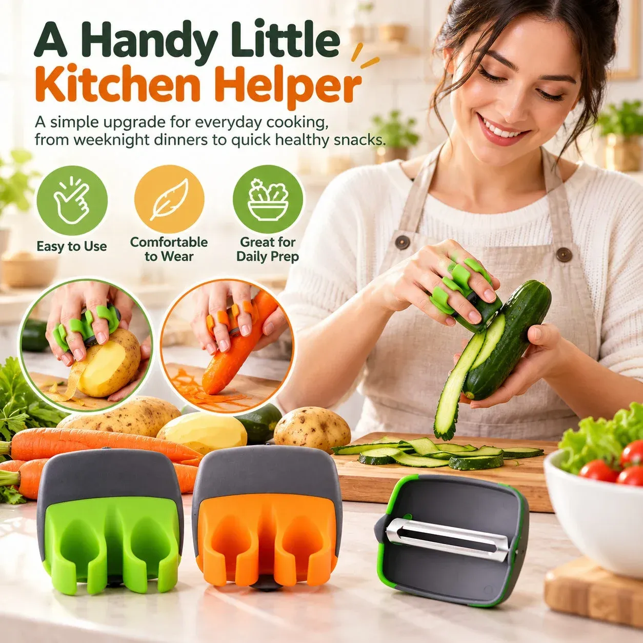 Woman preparing vegetables with a palm peeler