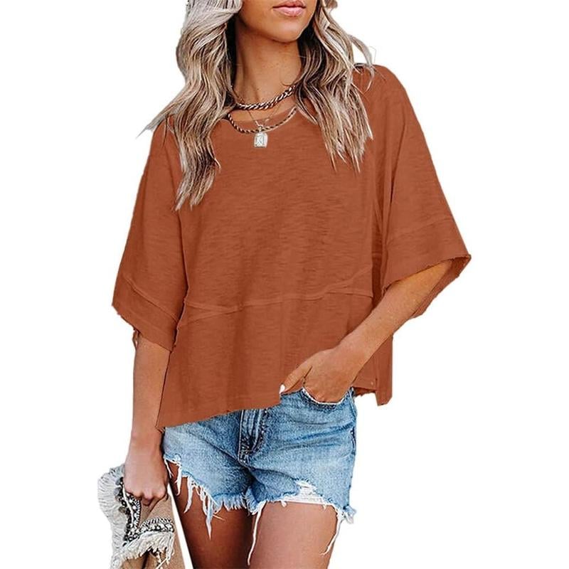 Women's Summer Casual Crewneck Batwing Half Sleeve T-Shirts Solid Color Loose Fit Cute Basic Flowy Tops Tees Blouses
