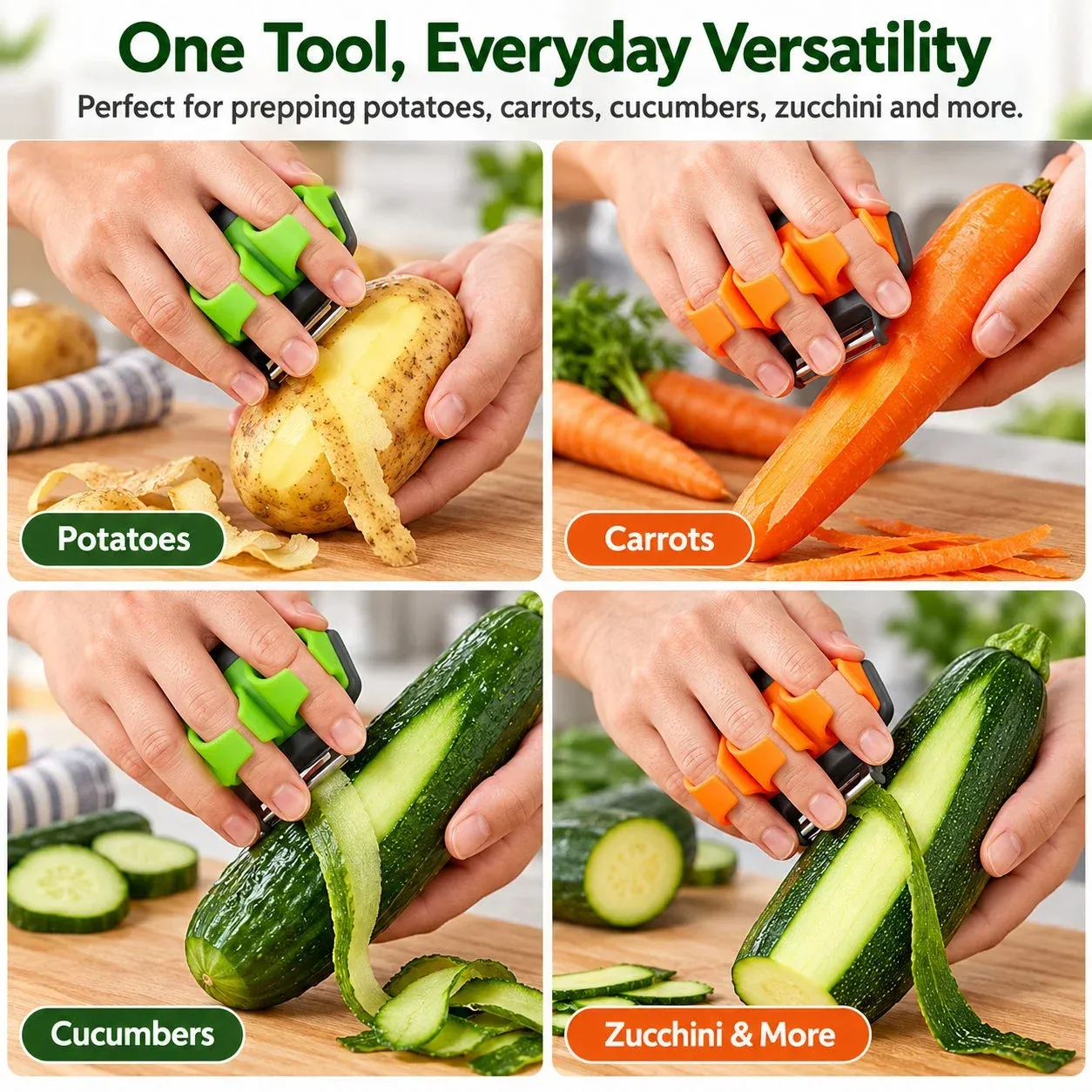 Four application photographs showing use with potatoes, carrots, cucumbers and zucchini