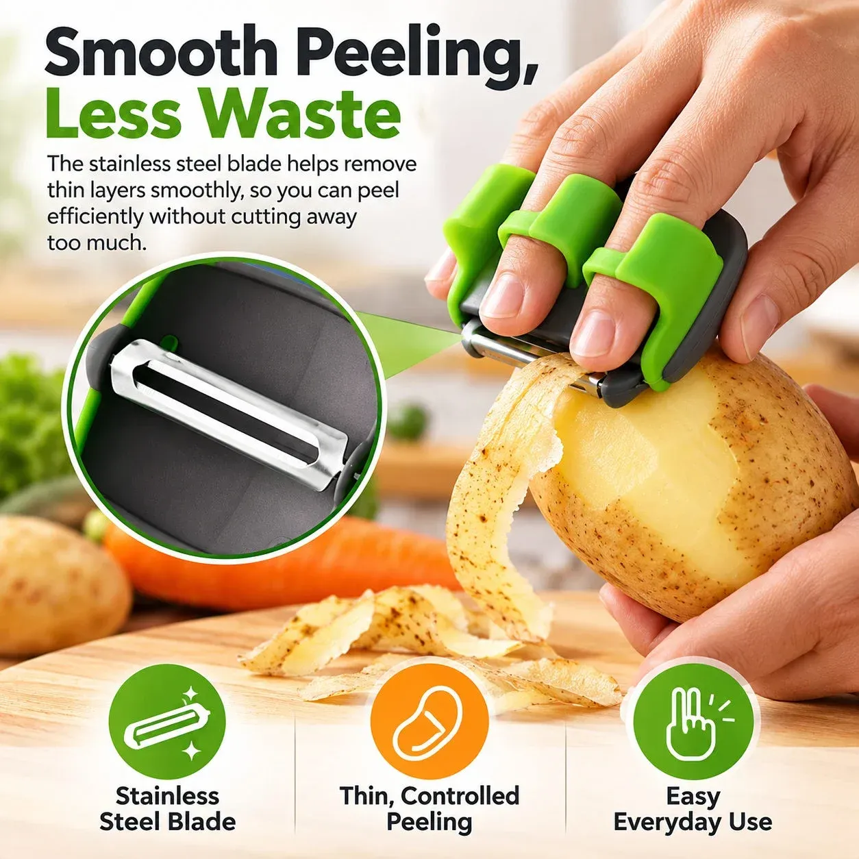 Thin potato peel removed by stainless steel blade