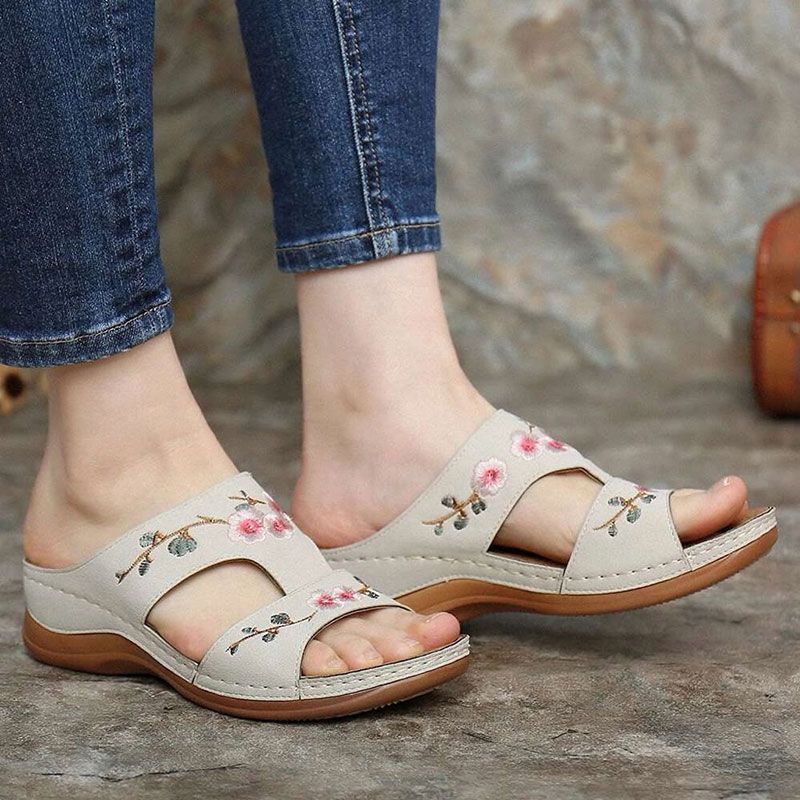 Premium Flower Embroidery Wedge Sandals
