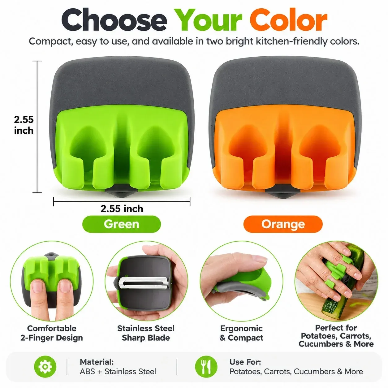 Green and orange vegetable peeler options and 2.55 inch size