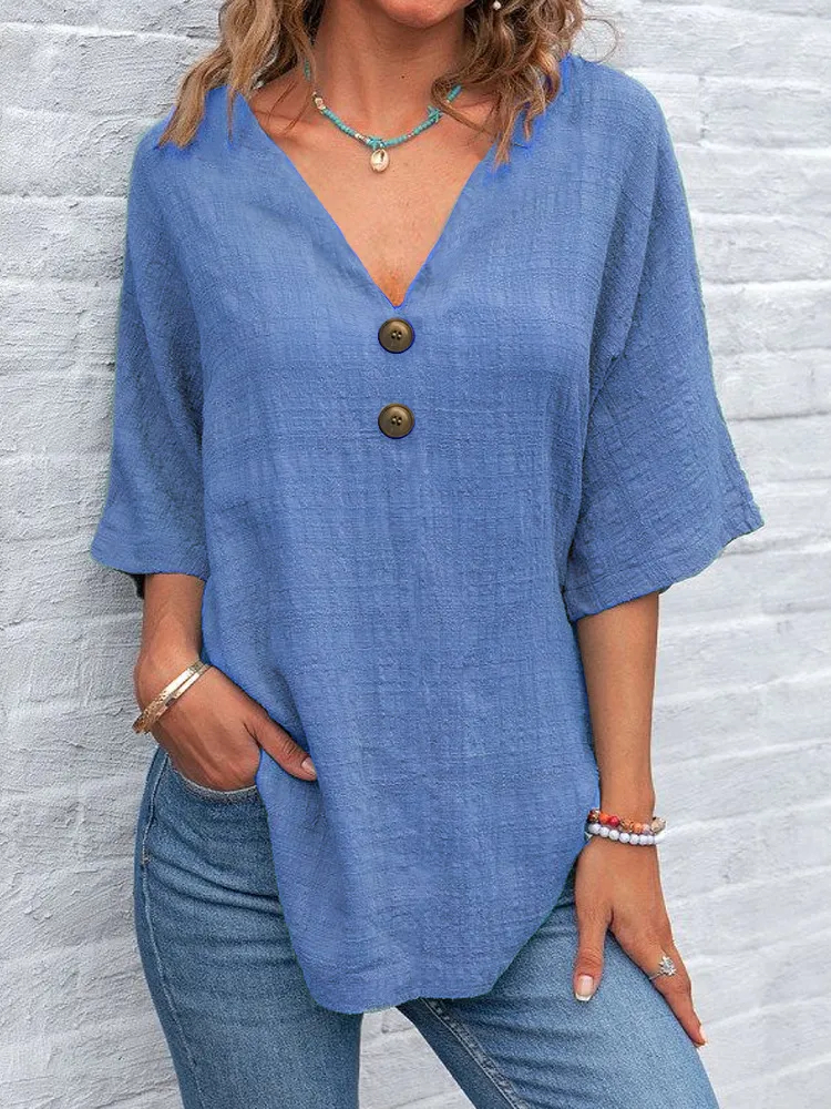 Women'S Casual V-Neck Short-Sleeved Regular Pullover Multi-Color Top