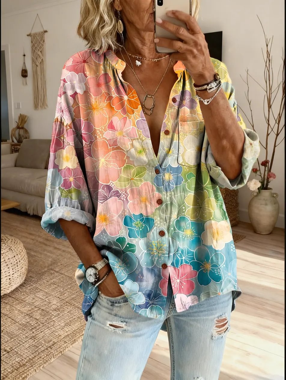 Women's Retro Floral Patchwork Art Print Casual Long-Sleeve V-Neck Washed Cotton Denim Top