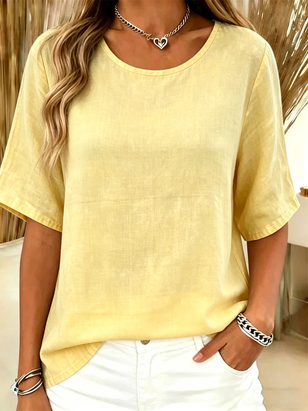 Cotton-Blend Crew Neck Vintage Plain T-Shirt