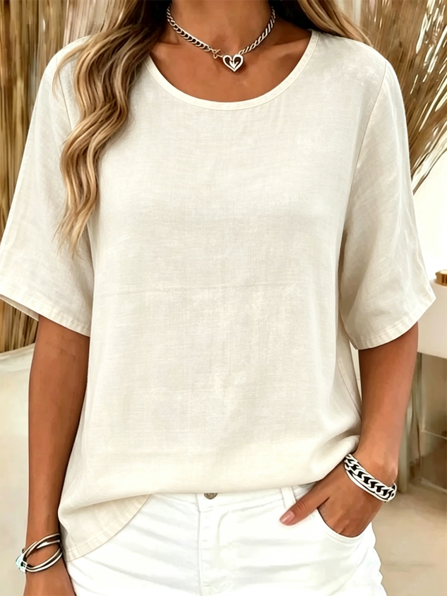Cotton-Blend Crew Neck Vintage Plain T-Shirt