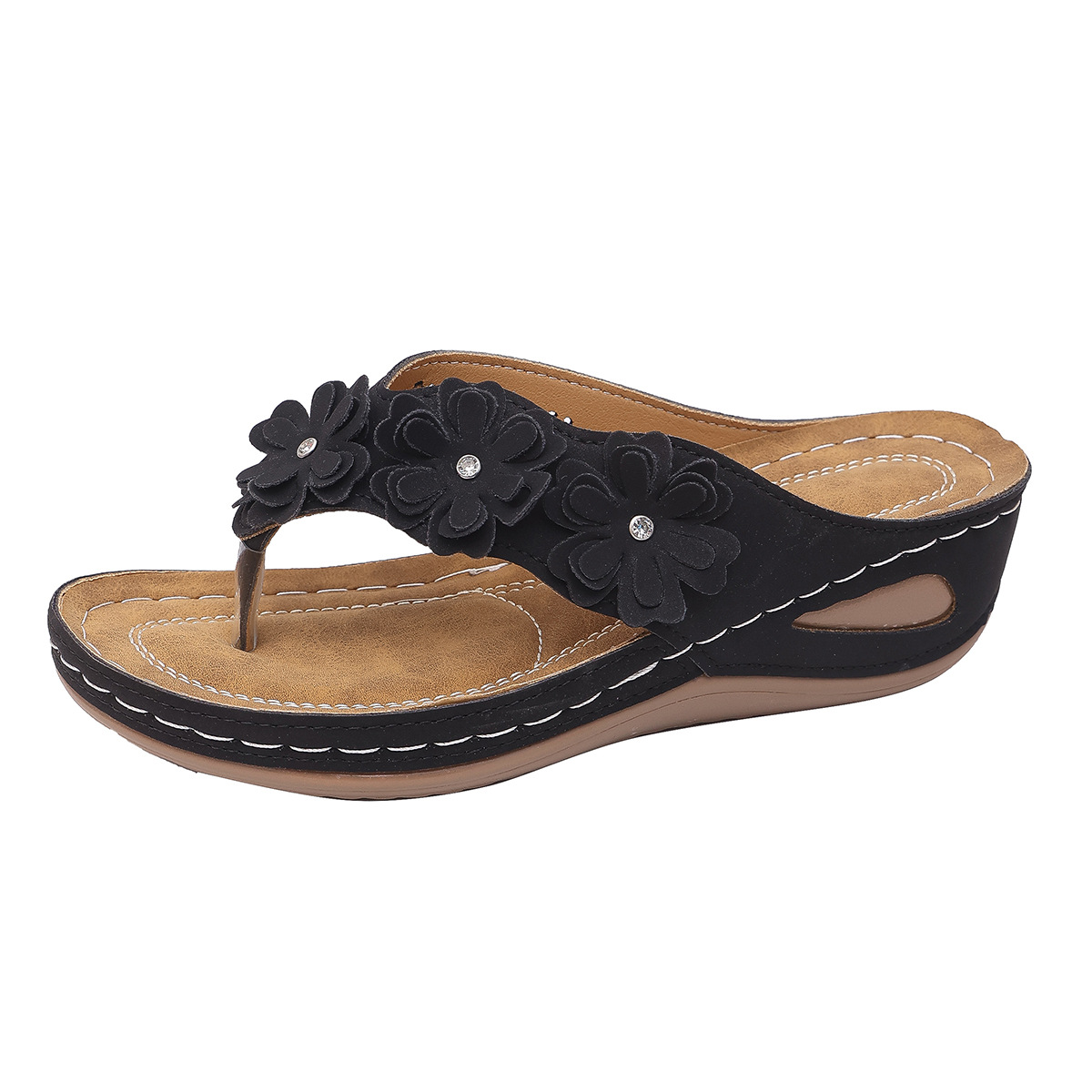Comfy Rhinestone Flower Wedge Sandals with Arch Support (Slip-On)