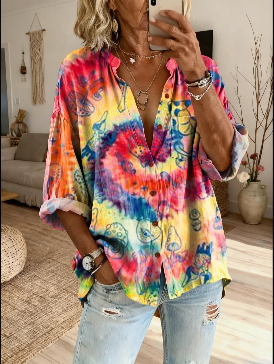 Women's Retro Floral Patchwork Art Print Casual Long-Sleeve V-Neck Washed Cotton Denim Top