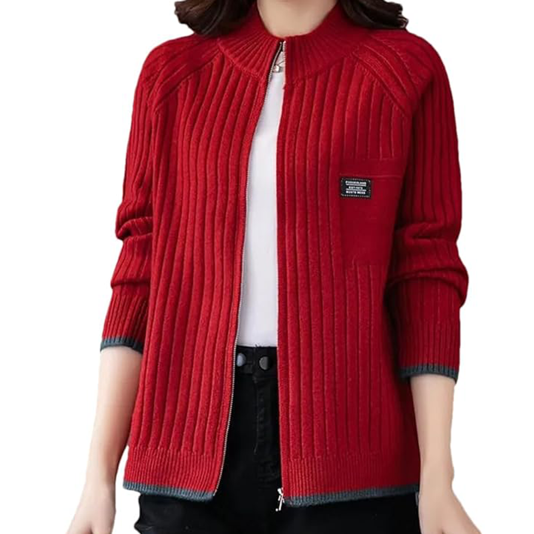 Women'S Autumn And Winter Long-Sleeved Zipper Knitted Cardigan