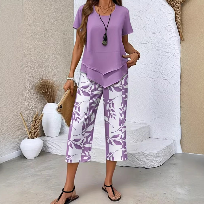 Casual Round Neck Layered Tunic Top and Wide Leg Pants Set