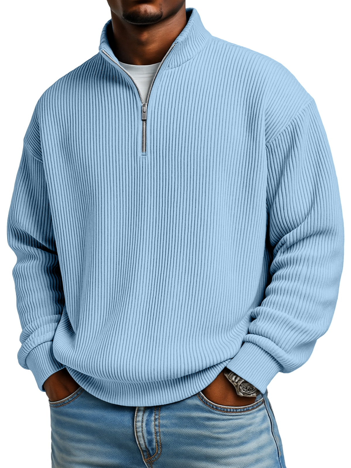 Men's Solid Color Vertical Pit Texture Stand Collar Zipper Long Sleeve Sweater