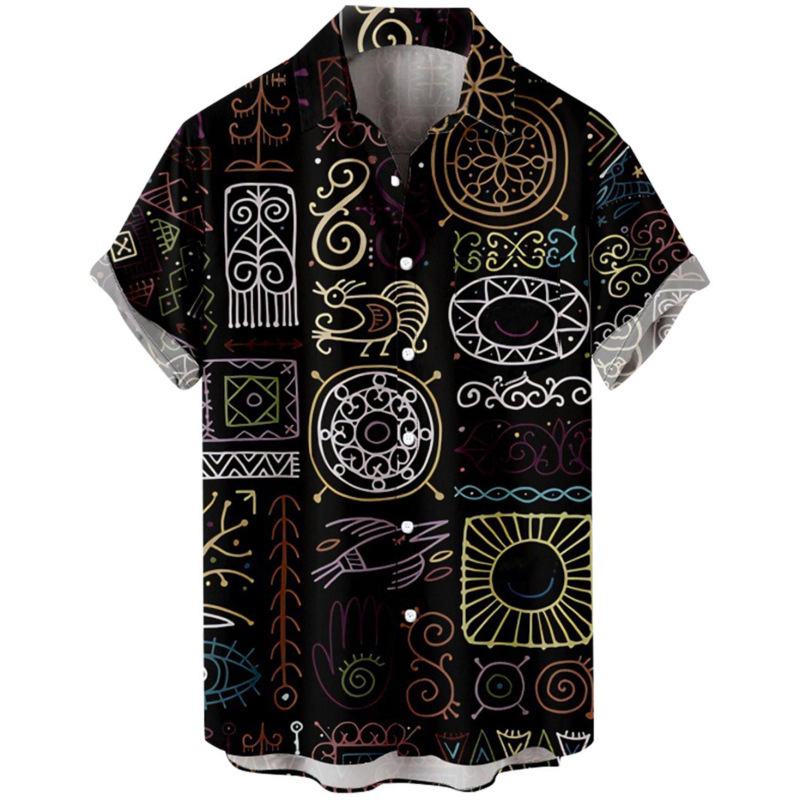 Men's Summer Patchwork Print Casual Vintage Short Sleeve Shirt