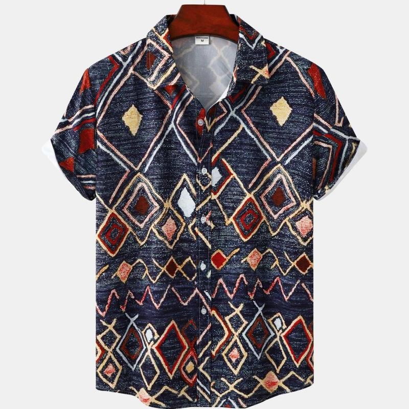 Men's Summer Patchwork Print Casual Vintage Short Sleeve Shirt