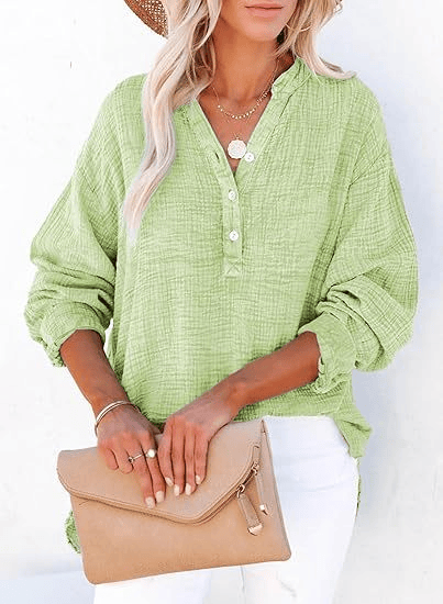 Limited time sale🔥Womens Casual Button V Neck Long Sleeve Shirts Oversized Solid Blouses Tops