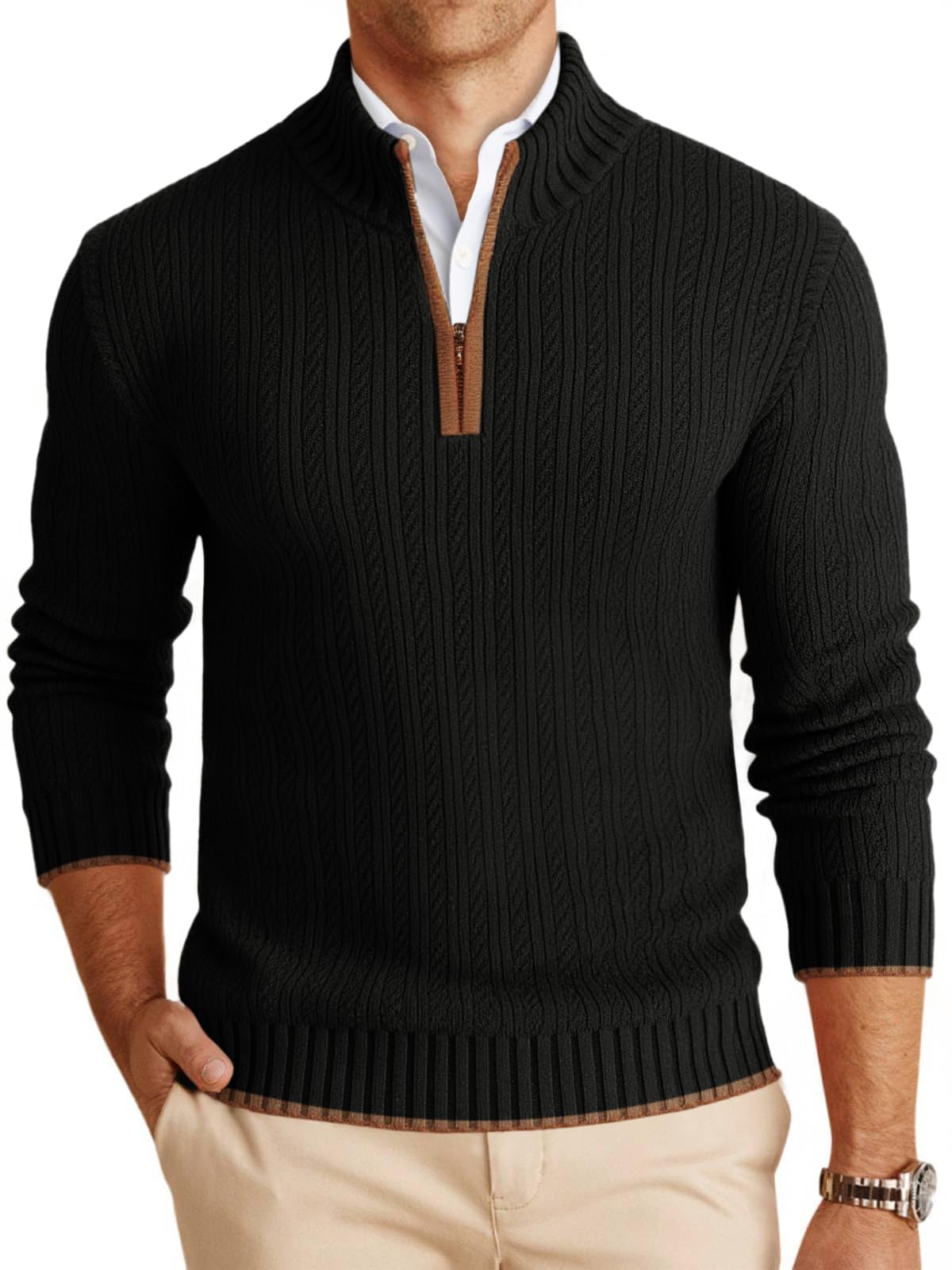 Mens Quarter-Zip Pullover Sweater Casual Mock Neck Knitted Winter Warm Ribbed Polo Sweaters
