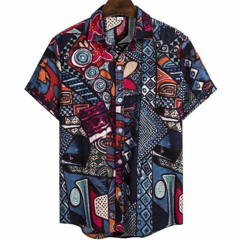 Men's Summer Patchwork Print Casual Vintage Short Sleeve Shirt