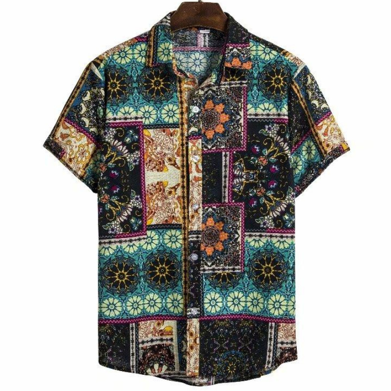 Men's Summer Patchwork Print Casual Vintage Short Sleeve Shirt