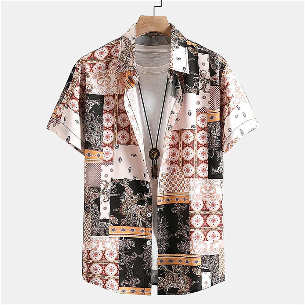 Men's Summer Patchwork Print Casual Vintage Short Sleeve Shirt
