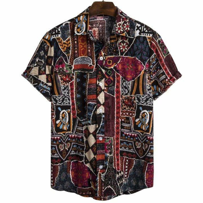 Men's Summer Patchwork Print Casual Vintage Short Sleeve Shirt