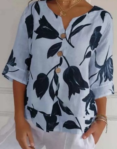 Printed Linen-Cotton V-Neck Short-Sleeve Pull-On Shirt
