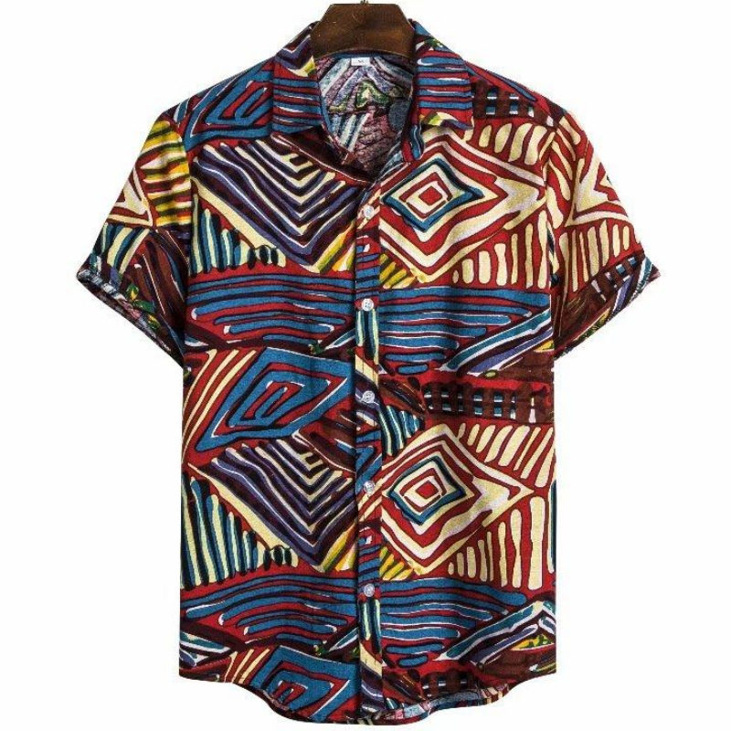Men's Summer Patchwork Print Casual Vintage Short Sleeve Shirt