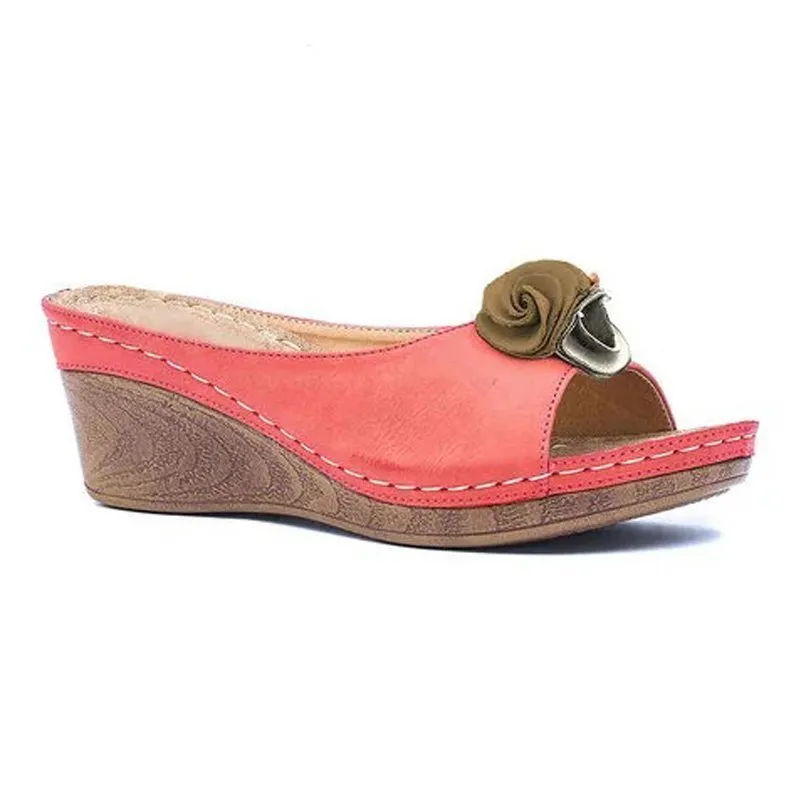 🔥2025 Hot Sale New Arrival🔥Womens Comfy Leather Solid Flower Strap Wedge Sandals