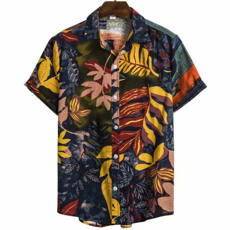 Men's Summer Patchwork Print Casual Vintage Short Sleeve Shirt