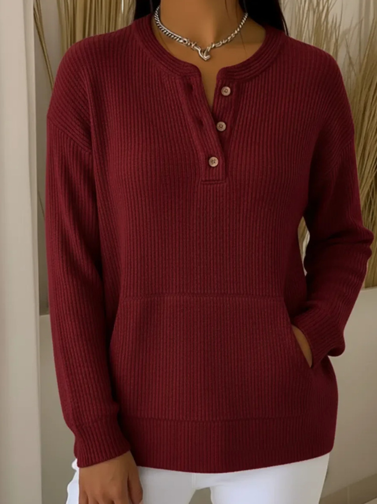 Women's V-neck simple and stylish solid color long-sleeved top