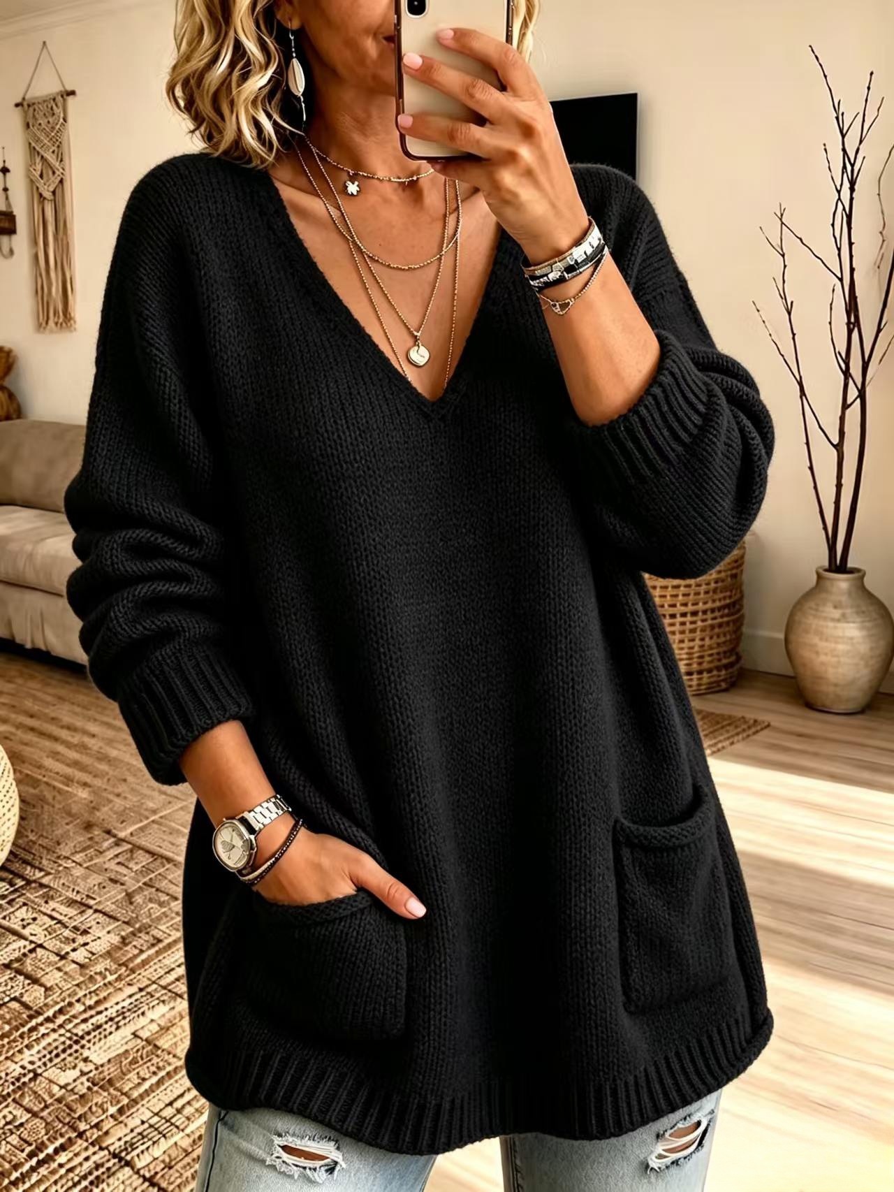 Chic V-Neck Pocket Knit Sweater