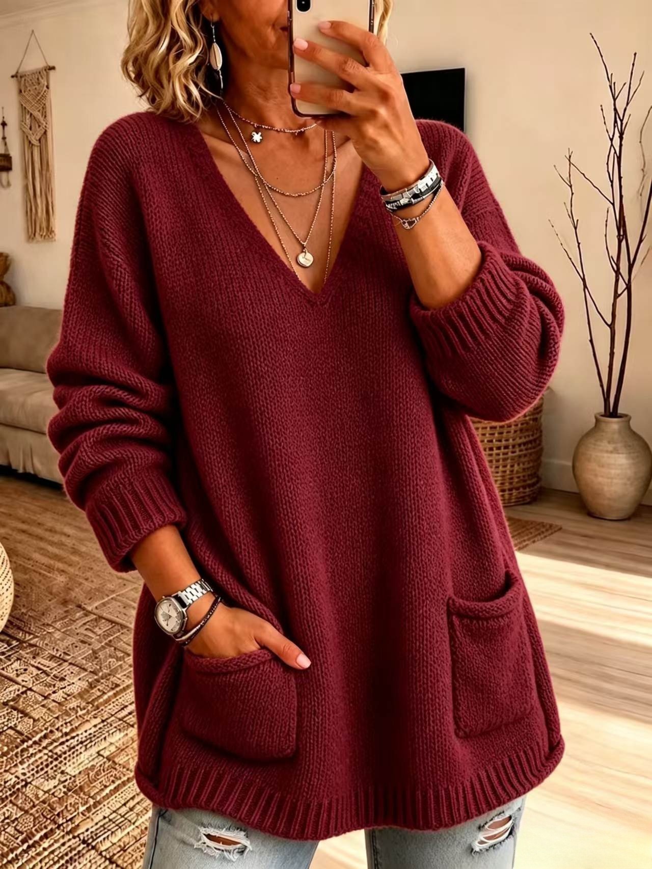 Chic V-Neck Pocket Knit Sweater